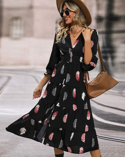 Perfee Printed V-Neck Slit Dress 