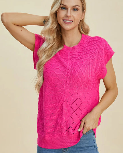 Double Take Full Size Cable-Knit Round Neck Cap Sleeve Sweater