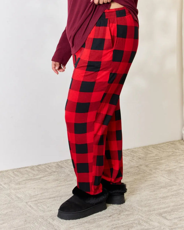 Zenana Full Size Plaid Round Neck Top and Pants Pajama Set