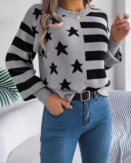 Stars and Stripes Pattern Casual Round Neck Sweater