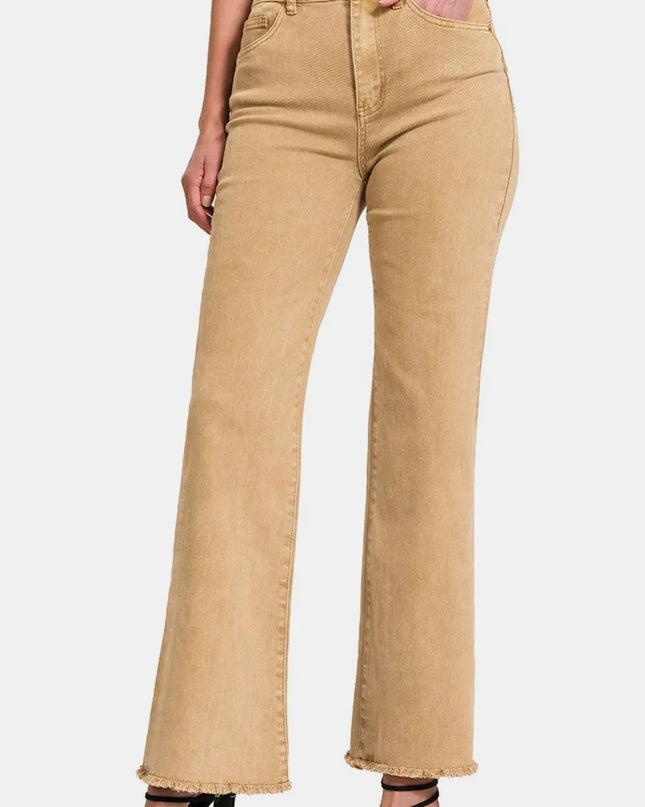 Zenana Acid Washed Frayed Hem Bootcut Jeans Lt Camel