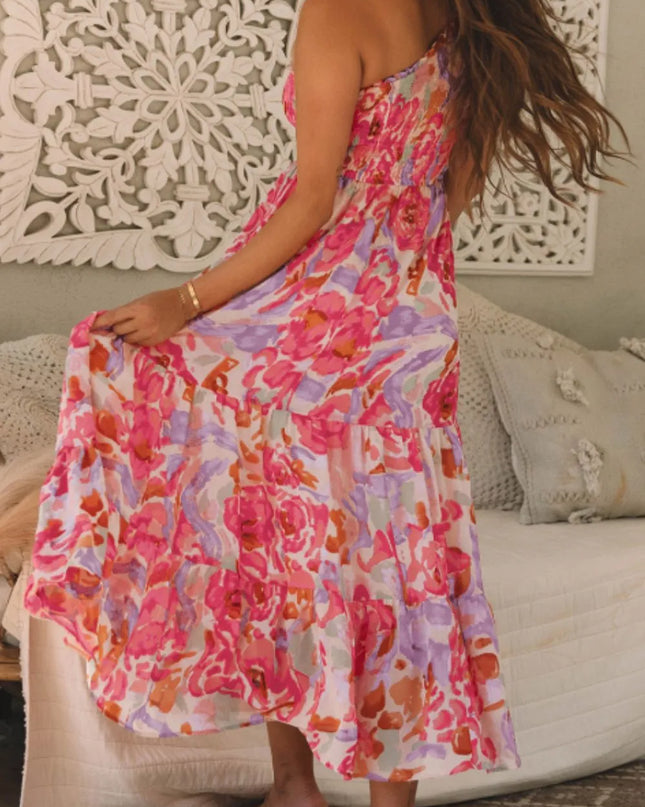 Floral Print Shirred One Shoulder Maxi Dress