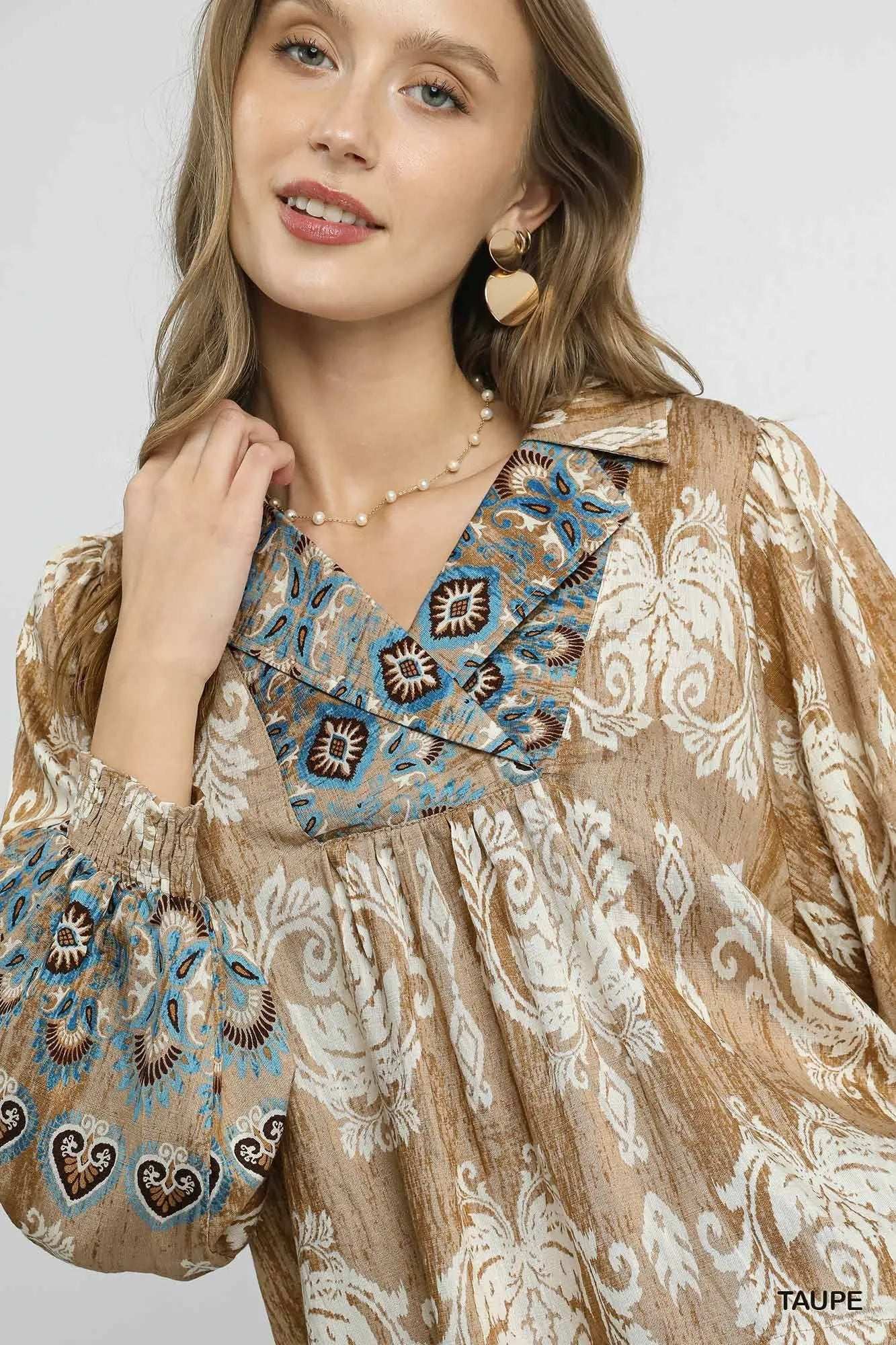Umgee Floral Boho Blouse with Scalloped Hem