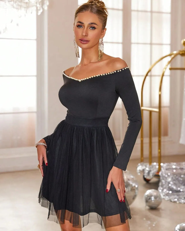 Pearl Trim Mesh Hem Off Shoulder Dress 