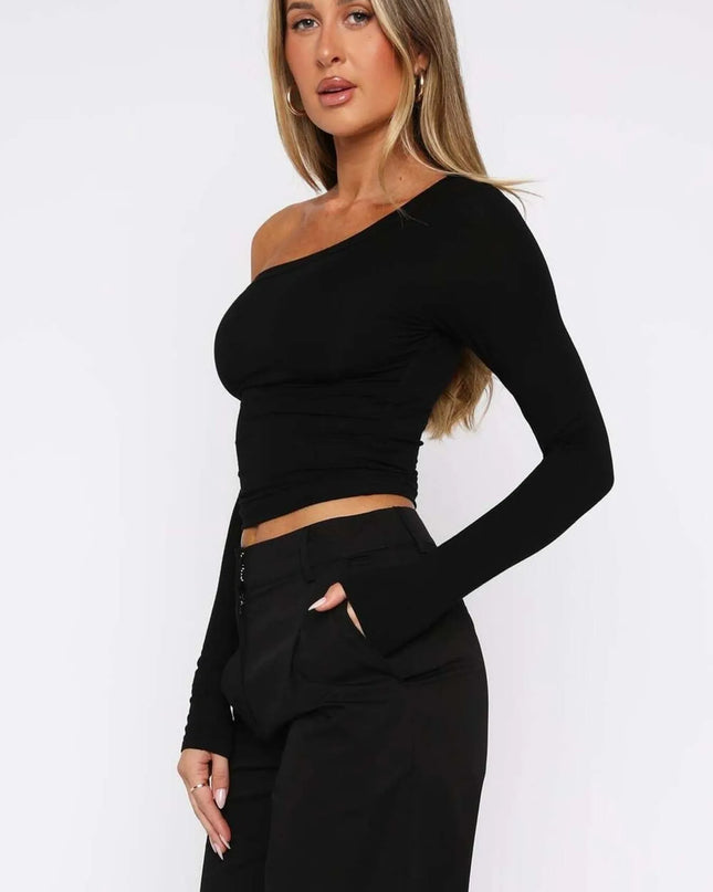 One Shoulder Long Sleeve Crop T-Shirt