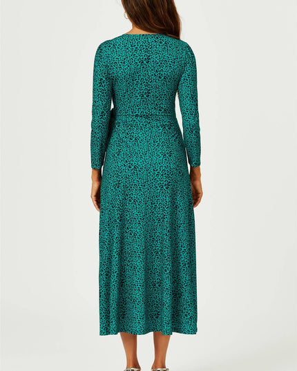 Green Leopard Print Wrap Top Midaxi Dress