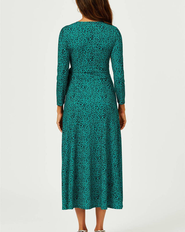 Green Leopard Print Wrap Top Midaxi Dress