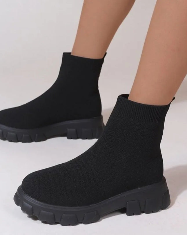 Mesh Round Toe Platform Boots Black