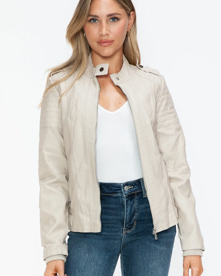 Snobbish PU Leather Biker Jacket with Side Zip Pockets Sand