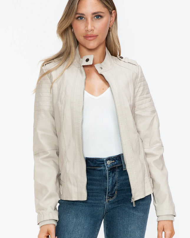 Snobbish PU Leather Biker Jacket with Side Zip Pockets Sand