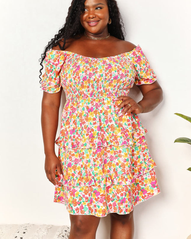 Devine Smocked Sweetheart Neck Flounce Sleeve Mini Dress