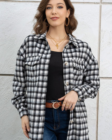 Plaid Dropped Shoulder Shirt Jacket Black