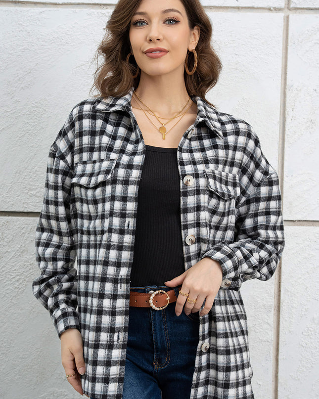 Plaid Dropped Shoulder Shirt Jacket Black