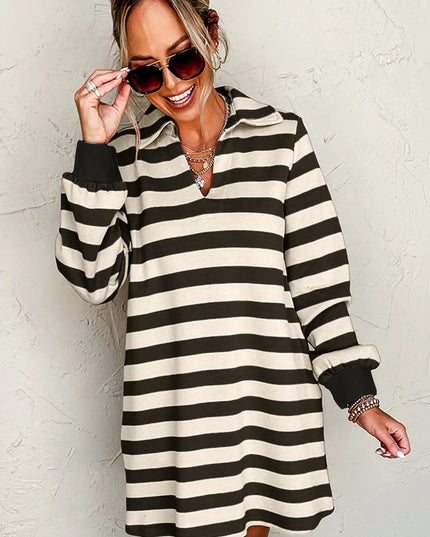 Contrast Striped Johnny Collar Long Sleeve Mini Dress