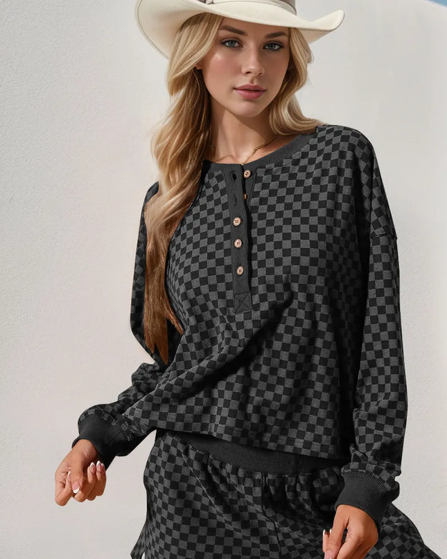 Double Take Checkered Half Button Top and Shorts Set Black