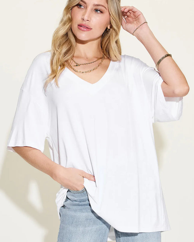 Basic Bae Full Size Bamboo V-Neck Drop Shoulder T-Shirt 