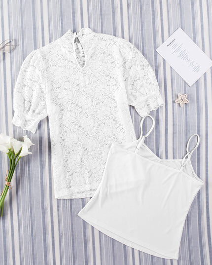 Lace Scalloped Short Puff Sleeve Top