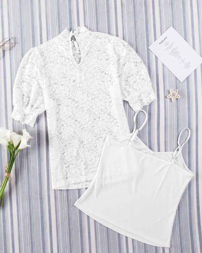 Lace Scalloped Short Puff Sleeve Top