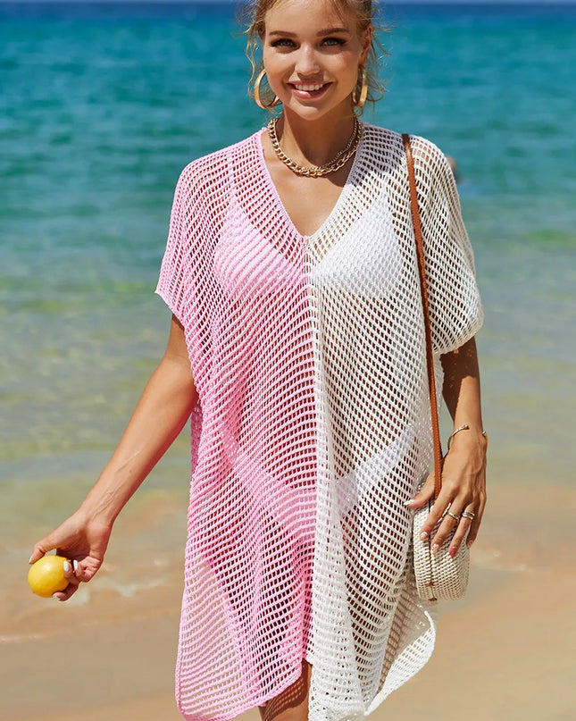 Angel Wings Openwork Contrast Slit Knit Cover Up Blush Pink One Size