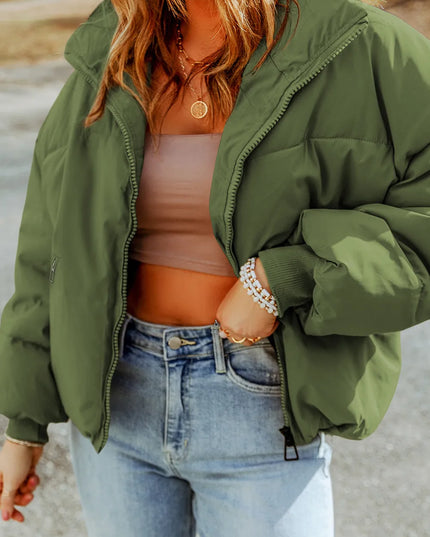 Zip Up Collared Neck Coat with Pockets Moss