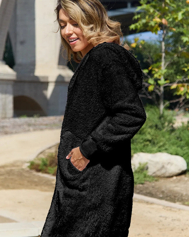 Double Take Full Size Hooded Teddy Bear Jacket with Thumbholes