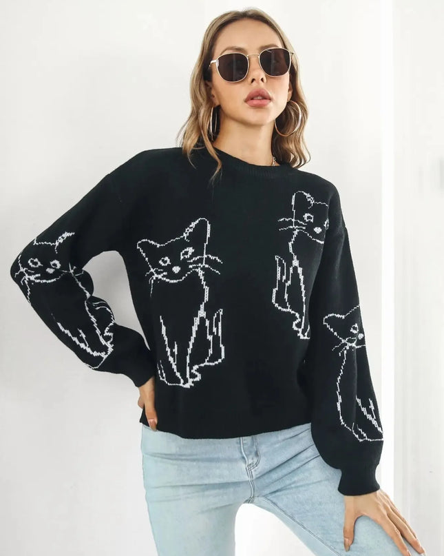 Round Neck Long Sleeve Sweater Black