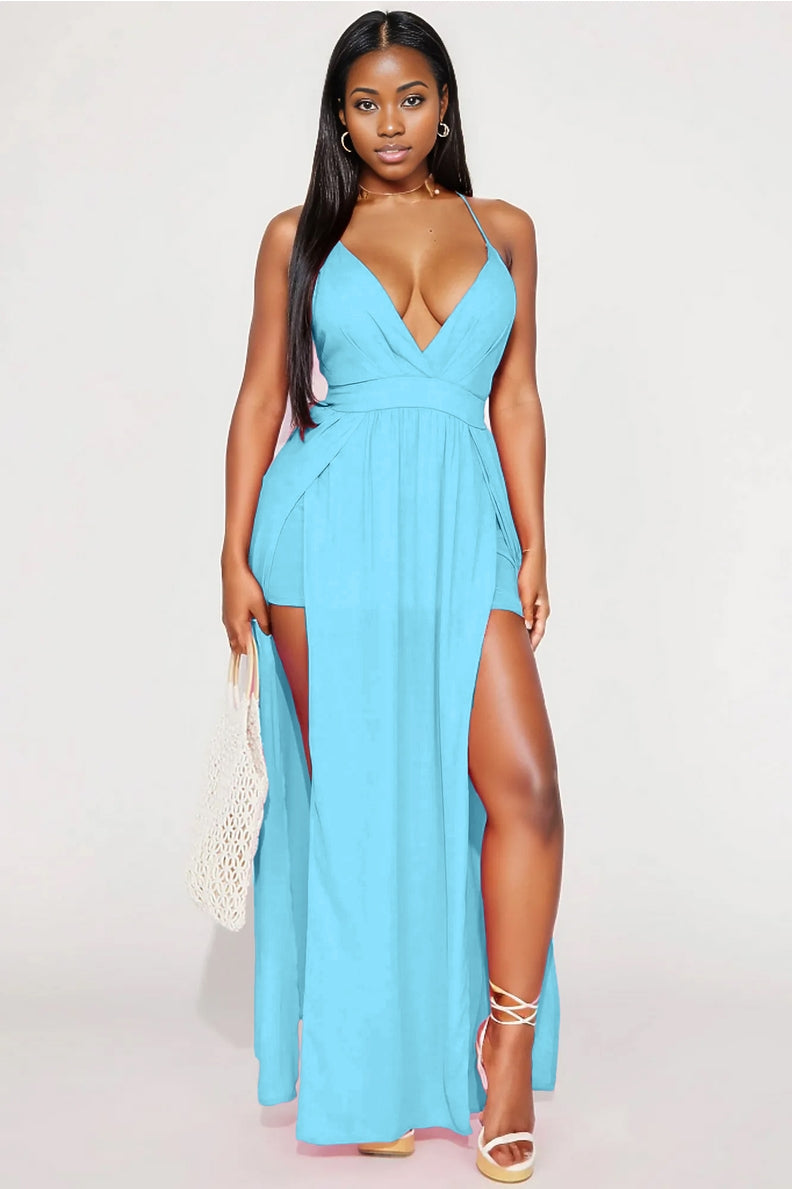 Slit Front Crisscross Back Maxi Dress Aqua Blue