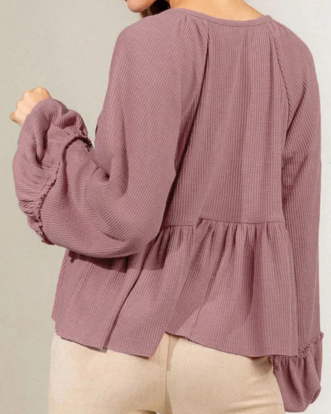 Notched Balloon Sleeve Peplum Blouse