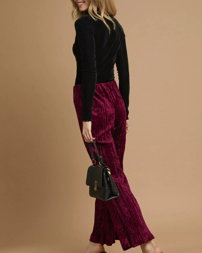 Umgee Velvet Pleated Wide Leg Pants