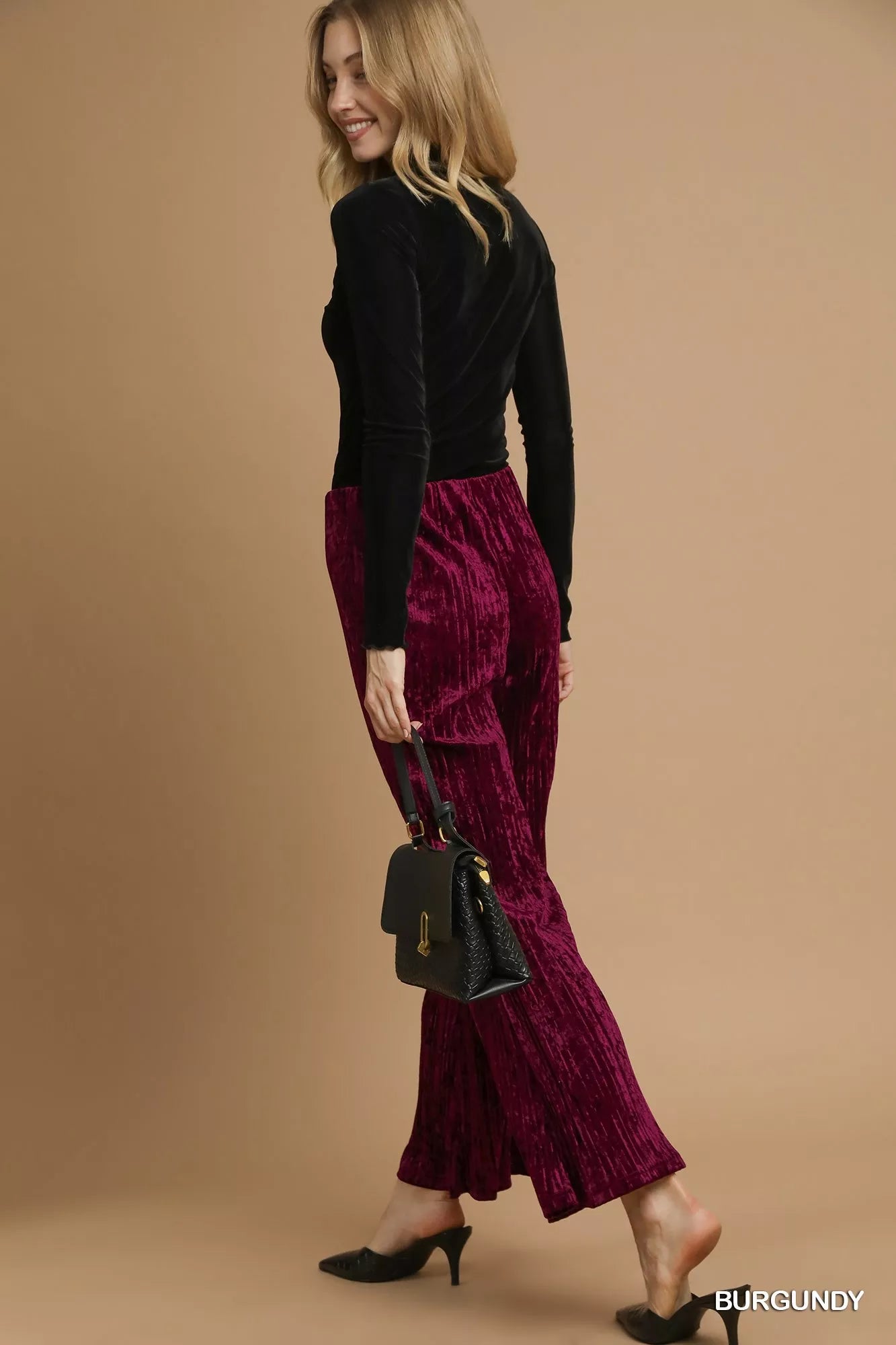 Umgee Velvet Pleated Wide Leg Pants
