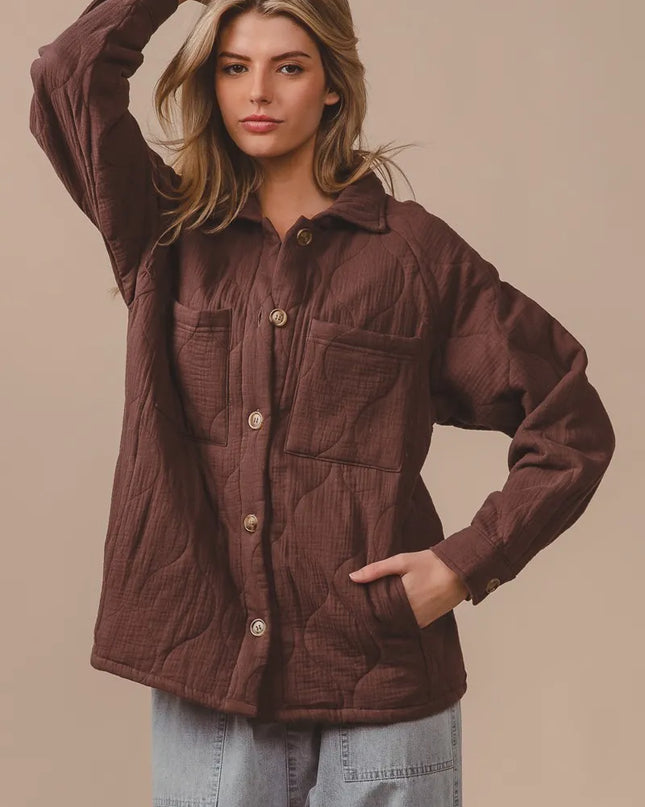 BiBi Quilted Wrinkle Gauze Long Sleeve Shacket