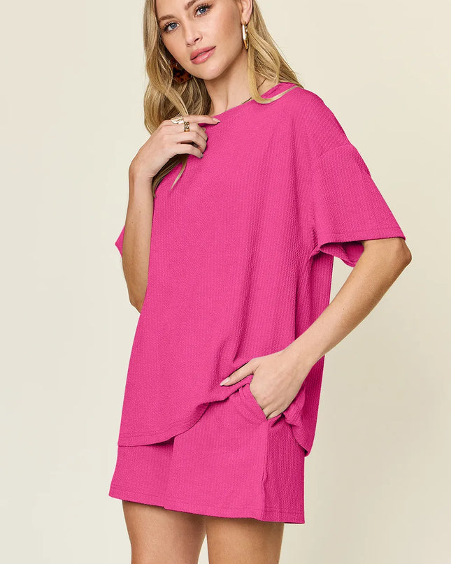 Double Take Basic style Round Neck Solid Set