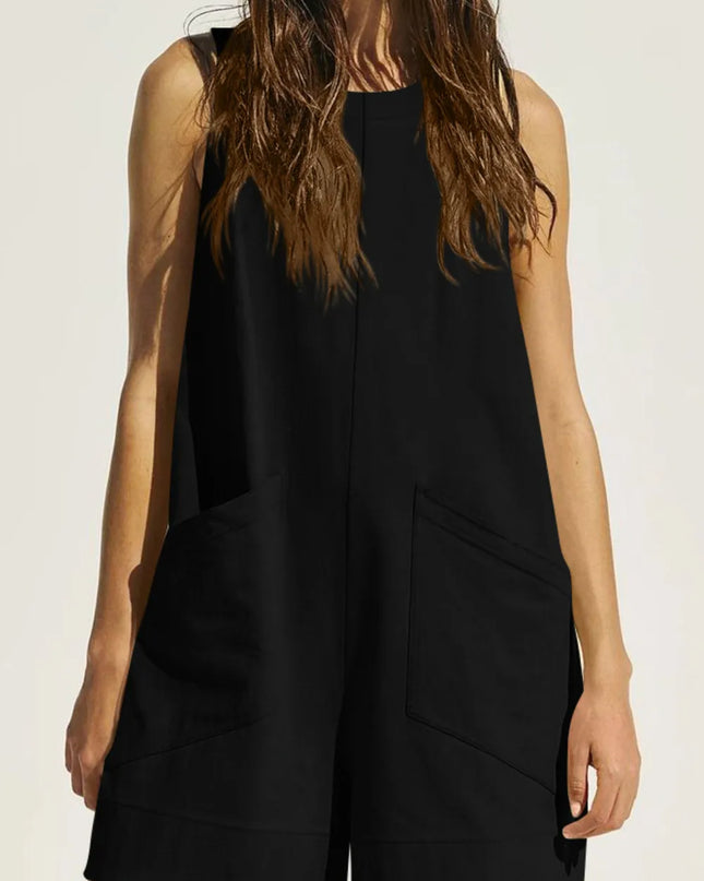 Lovelet Round Neck Sleeveless Romper with Pockets