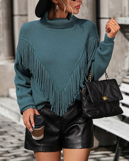 Turtle Neck Tassel Front Long Sleeve Pullover Sweater Deep Teal
