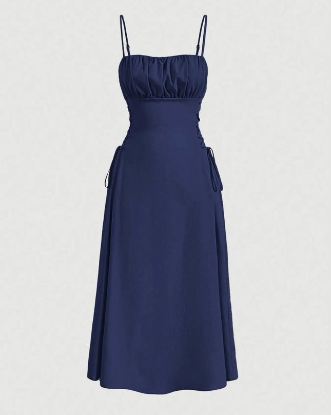 Ruched Midi Cami Dress with Side Tie Details Navy Blue
