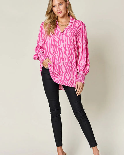 Double Take Full Size Printed Smocked Long Sleeve Blouse Plus Size