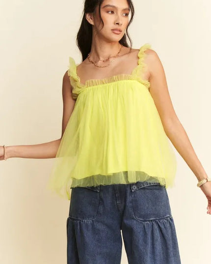 Davi & Dani Shirred Ruffle Strap Tulle Babydoll Top Lemon