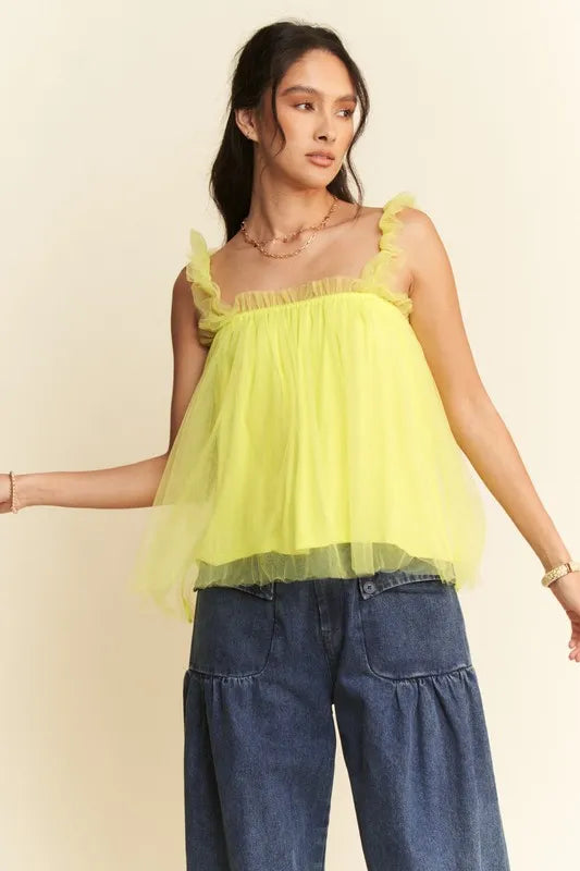 Davi & Dani Shirred Ruffle Strap Tulle Babydoll Top Lemon