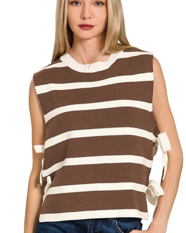 Zenana Side Tie Stripe Sweater Vest BROWN