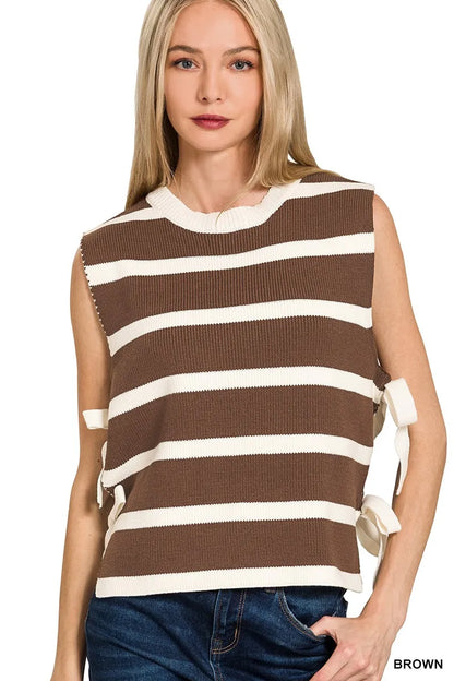 Zenana Side Tie Stripe Sweater Vest BROWN