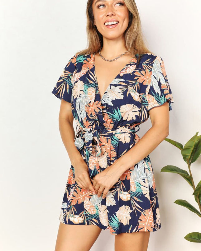 Honey Botanical Print Surplice Neck Tie Waist Romper Multicolor
