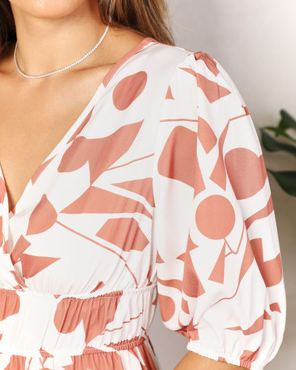 Printed Surplice Balloon Sleeve Dress