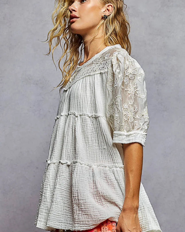 POL Lace Detail Tiered Round Neck Half Sleeve Blouse