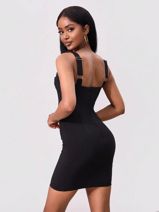 Bead Trim Wide Strap Wrap Dress 