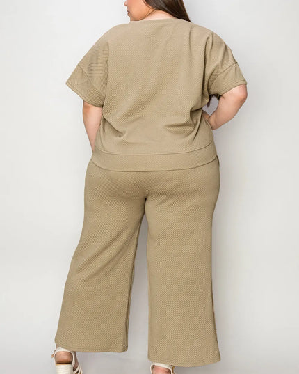 Double Take Full Size Texture Short Sleeve Top and Pants Set