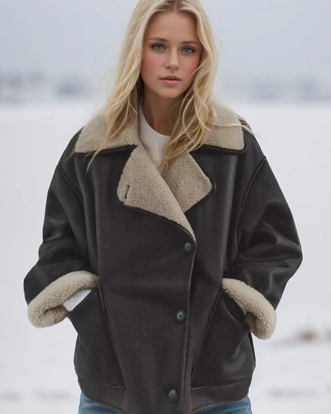 Collared Neck Long Sleeve Plush Jacket Chocolate