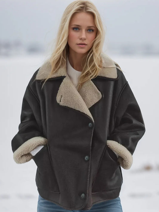 Collared Neck Long Sleeve Plush Jacket Chocolate