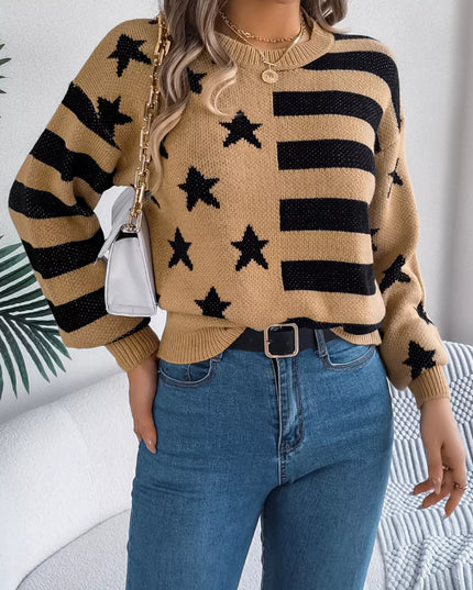 Stars and Stripes Pattern Casual Round Neck Sweater