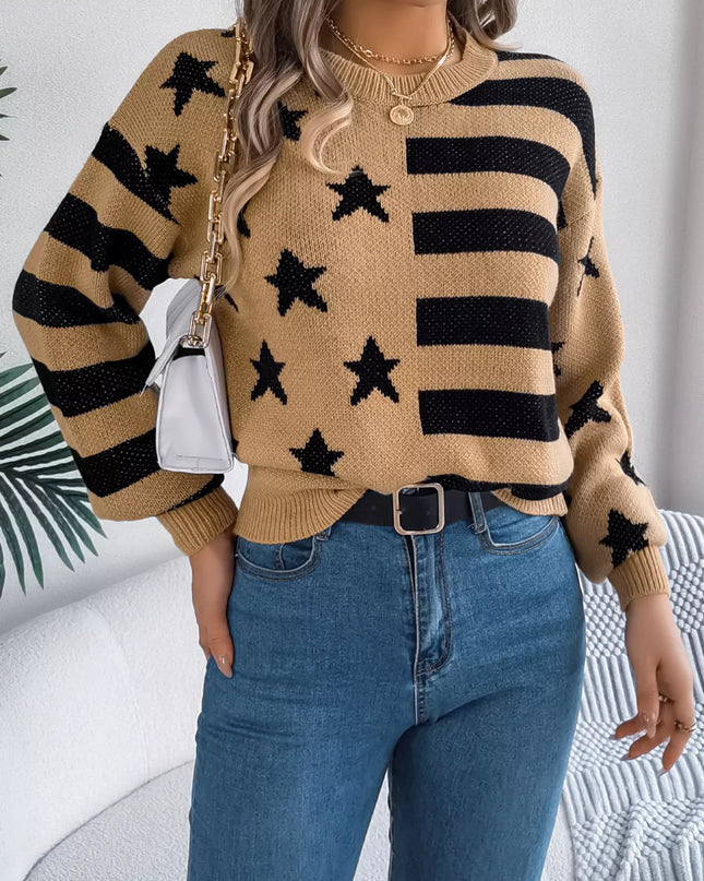 Stars and Stripes Pattern Casual Round Neck Sweater