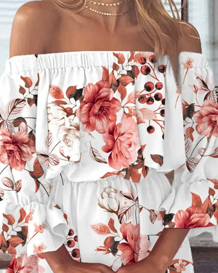 Full Size Floral Off-Shoulder Flounce Sleeve Mini Dress Plus Size 